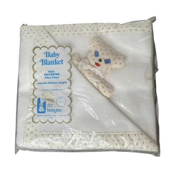 Vtg Bunnytex Baby Blanket Yellow White & Matching Teddy Lovey Unisex Floral Trim - Picture 1 of 6